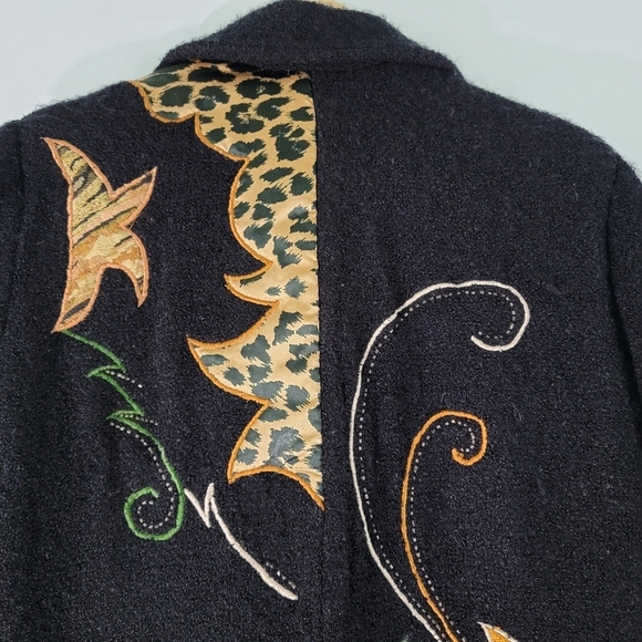 Alex Kim Black/Gold Boucle Jacket Sz M Embroidery Patches Button-Up Lined Pocket - Picture 8 of 12